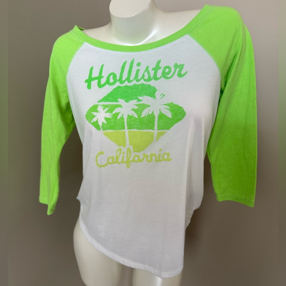 Hollister Cali Co 3/4- Sleeve Wide Scooped Neck Shirt Top M Surf Palm Neon Green